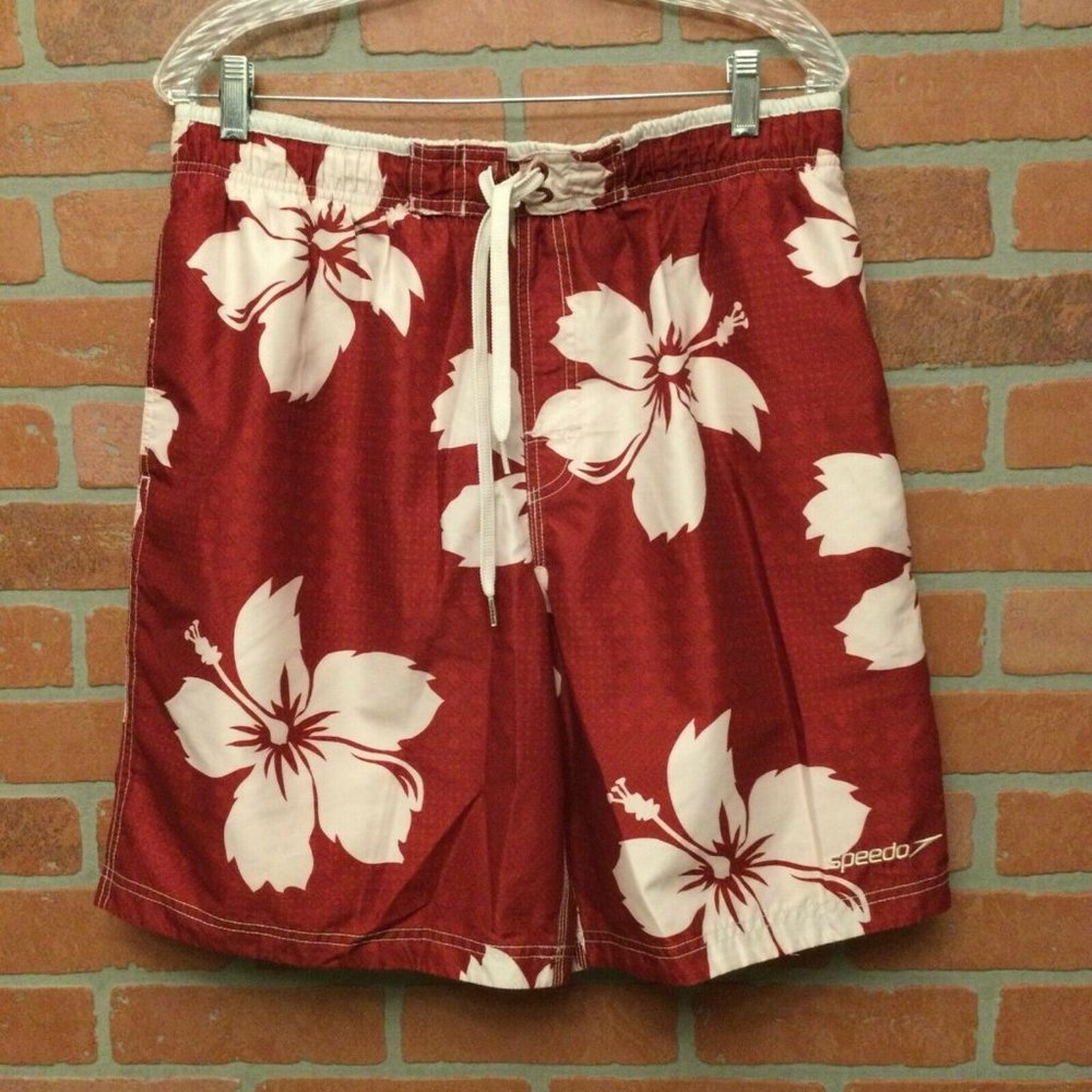Speedo Mens Swim Trunks Board Shorts Size L Hawaiian Print red white